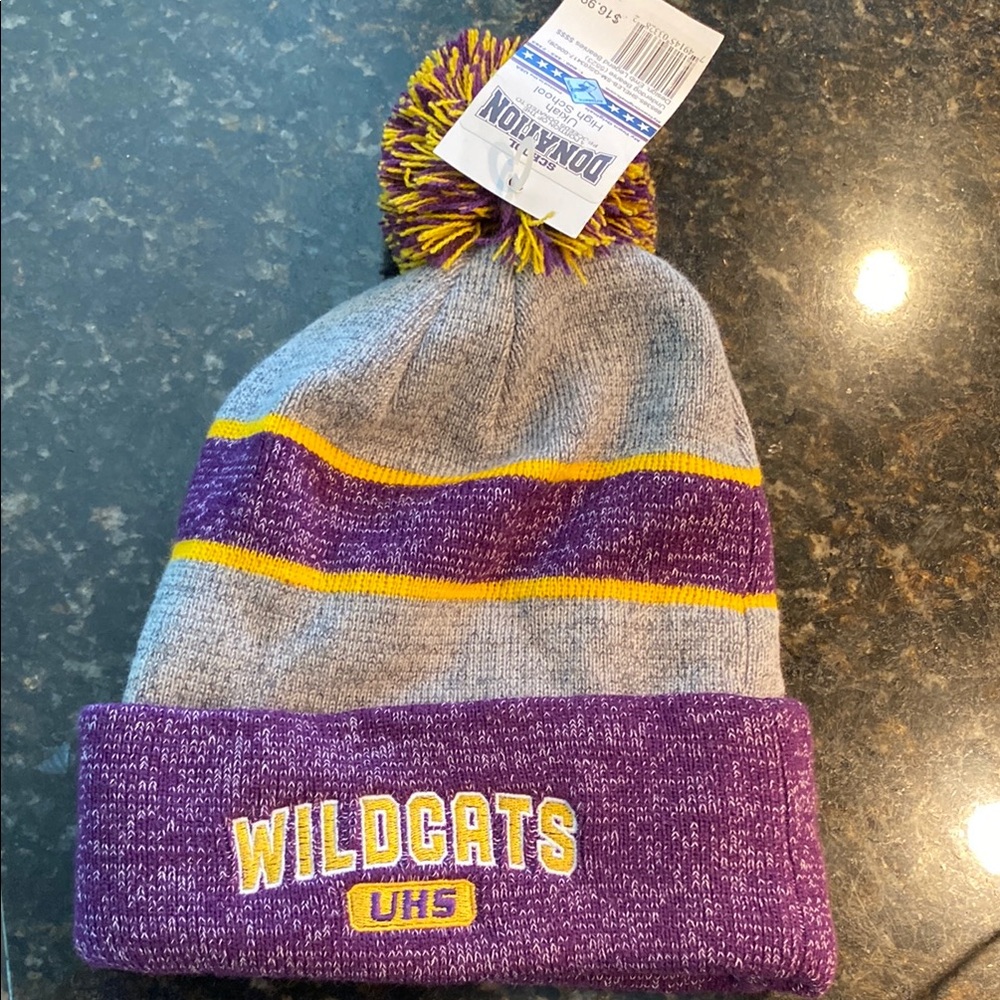 Purple and Gray Knit Beanie with Pom-Pom
